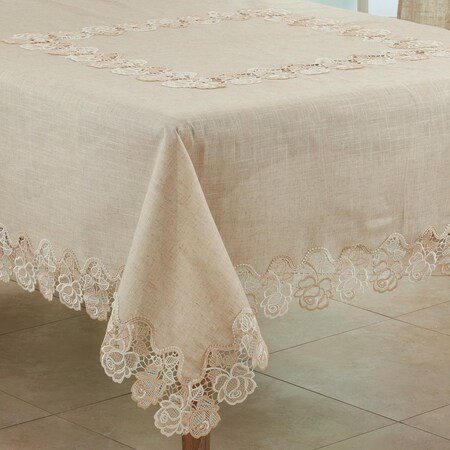 Saro 72 in. Lace Rose Border Square Tablecloth, Natural 7082.N72S